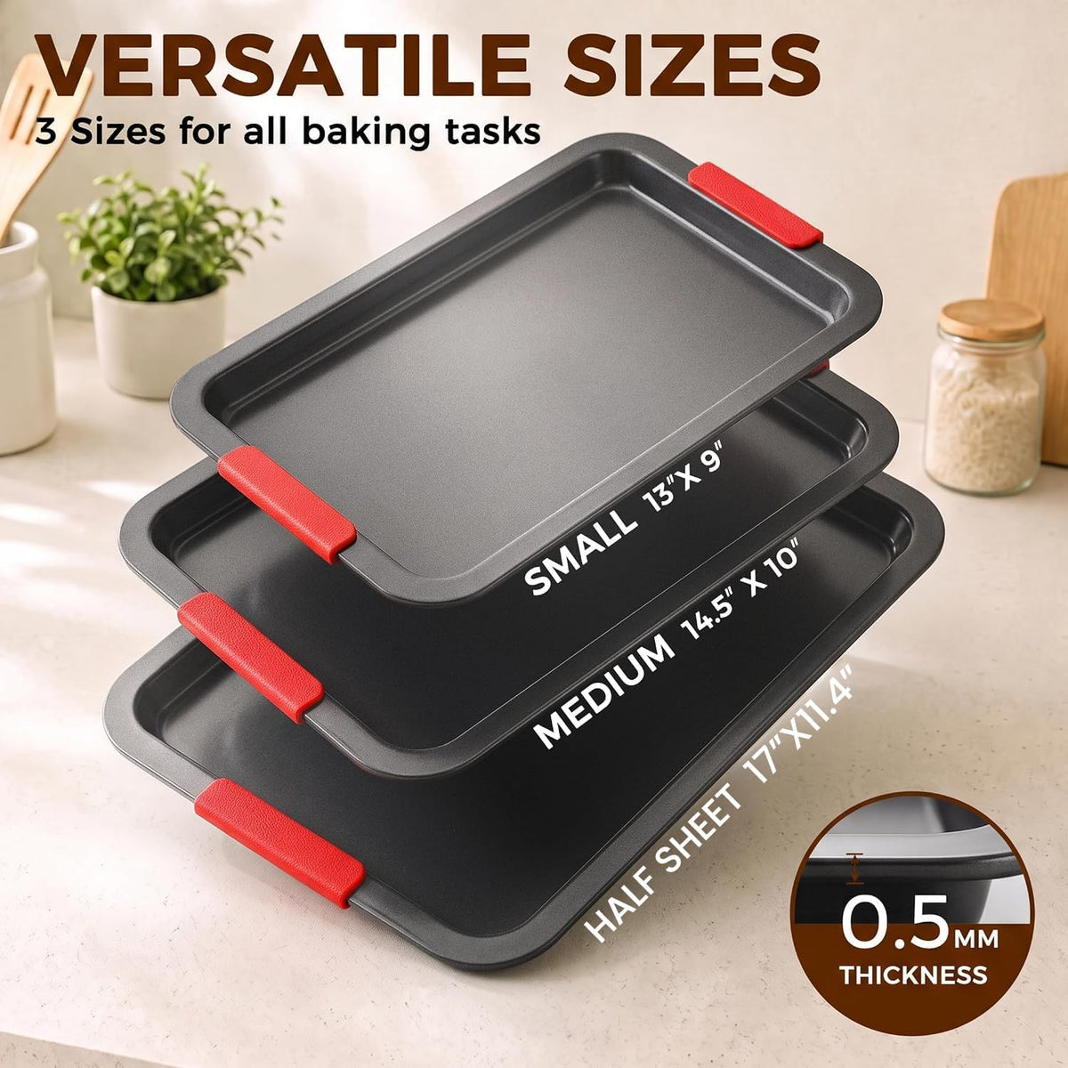 Kikcoin Nonstick Cookie Sheets for Baking, Set of 3, Carbon Steel, Gray