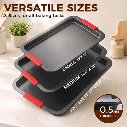 Kikcoin Nonstick Cookie Sheets for Baking, Set of 3, Carbon Steel, Gray