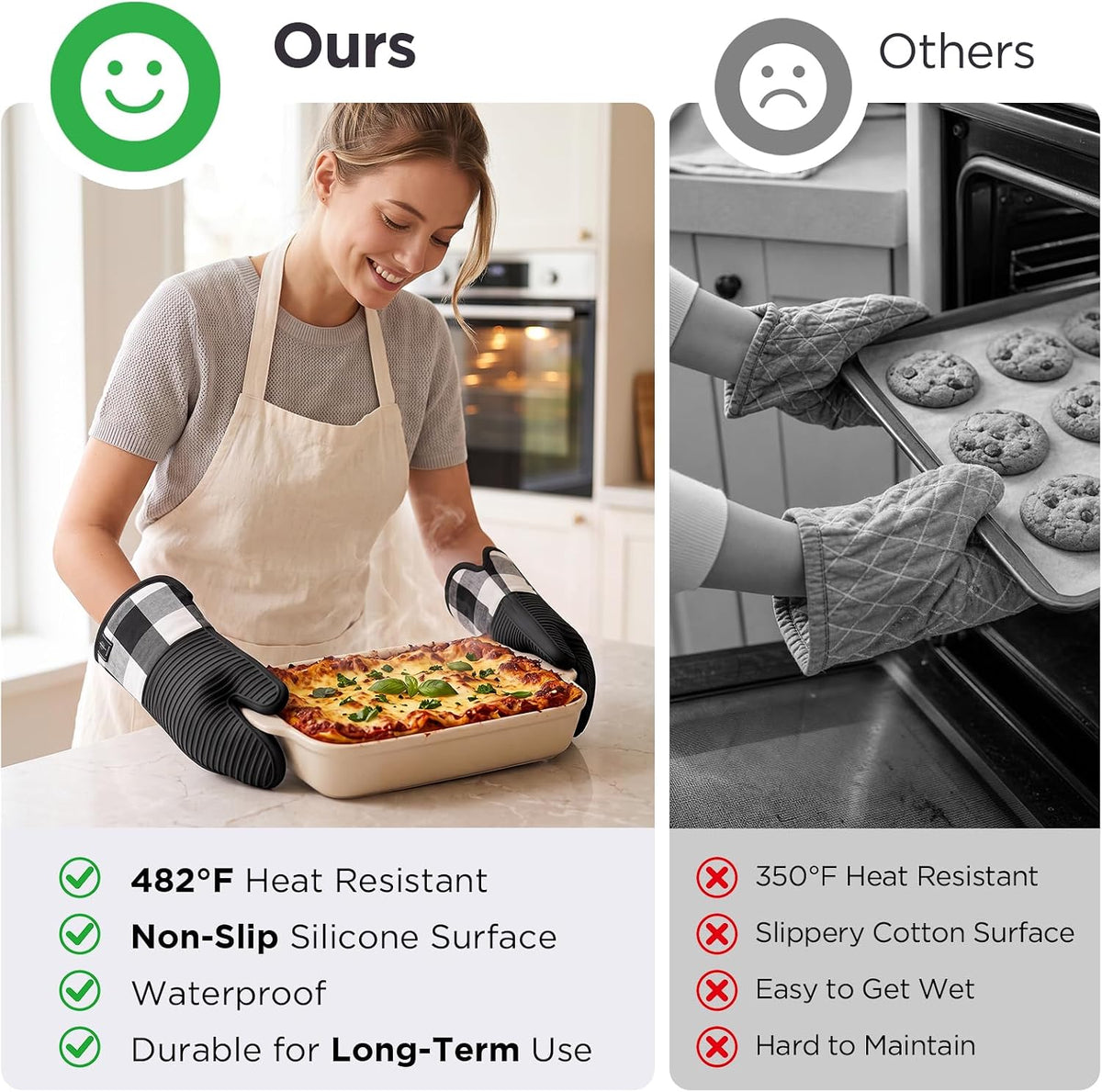 BONTHEE Silicone Oven Mitts Heat Resistant Kitchen Oven Gloves - Gingham