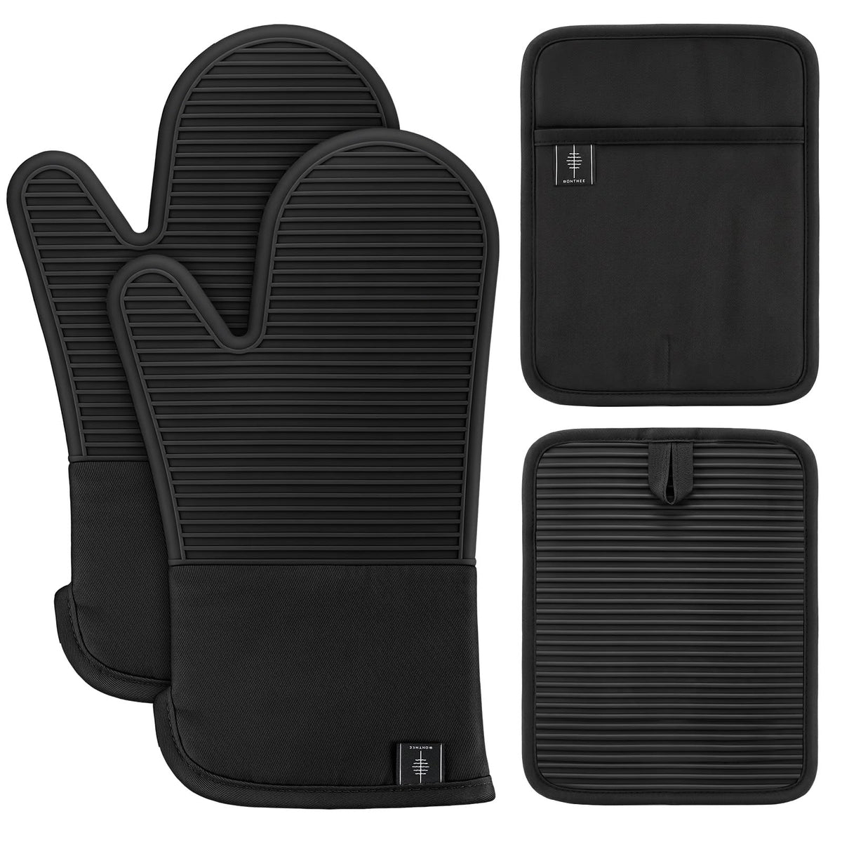 BONTHEE Oven Mitts and Pot Holders 4pcs Set, Silicone Kitchen Mitts - Green