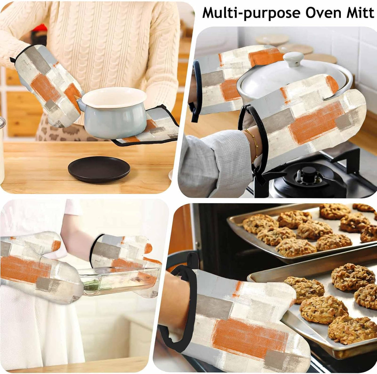 MCALK 5 Pcs Orange Oven Mitts and Pot Holders Sets, Beige Oven Gloves and Hot Pads for Kitchen Cooking, Abstract Modern Art Oven Mitt Potholder is Both Functional and Decorative