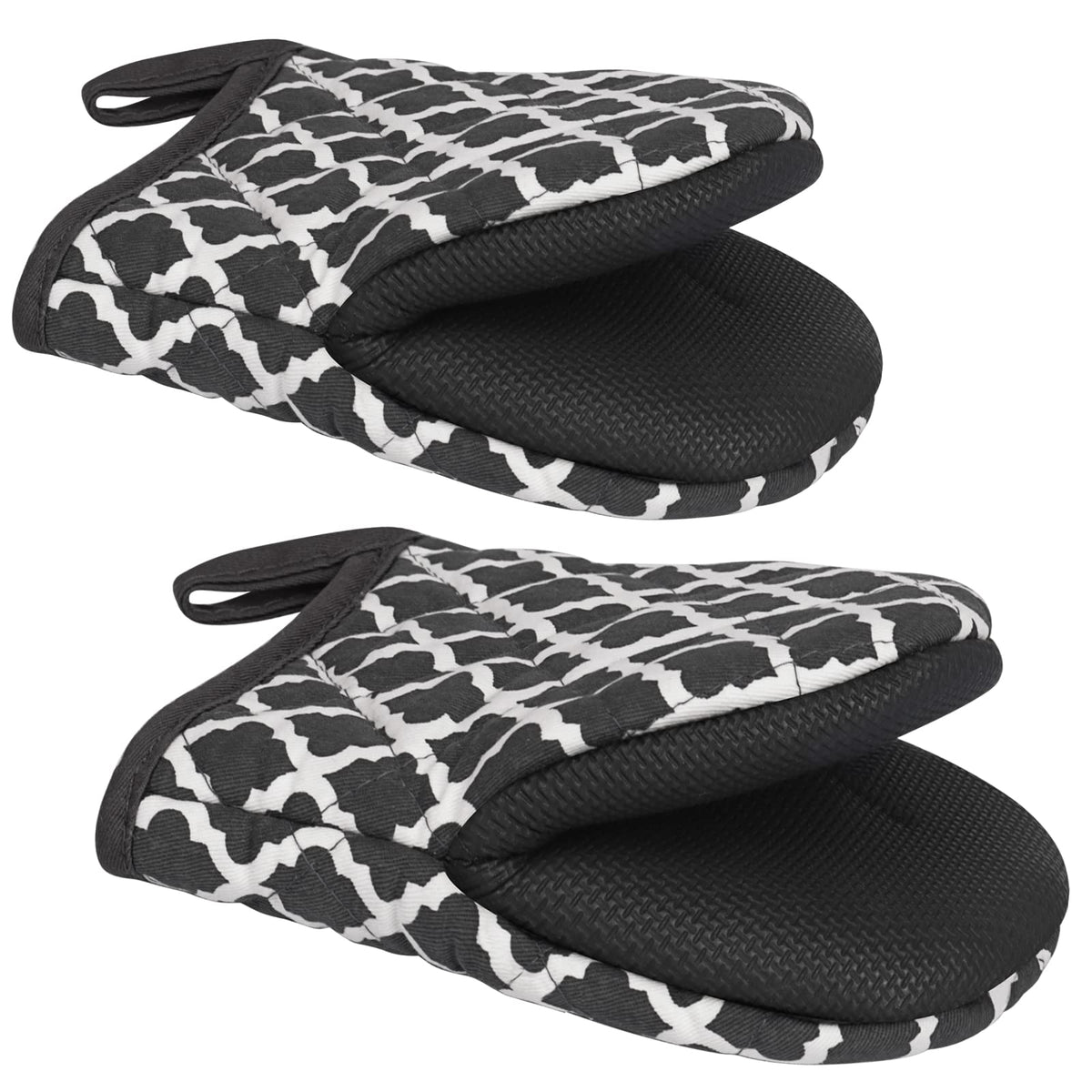 1 Pair Short Oven Mitts - Silicone Kitchen Oven Gloves High Heat Resistant 500℉, Mini Oven Mits with Non-Slip Grip Surfaces and Hanging Loop for BBQ, Baking, Cooking and Grilling (Black)