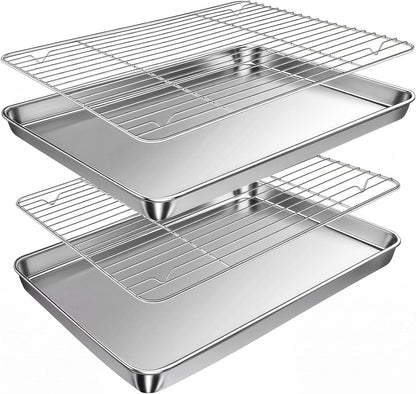Baking Sheet with Rack Set (2 Pans + 2 Racks), 16 x 12 x 1 Inch Stainless Steel Cookie Sheet Baking Pan Tray with Cooling Rack, Jelly Roll Pan with Wire Rack, Warp Resistant & Heavy Duty & Rust Proof