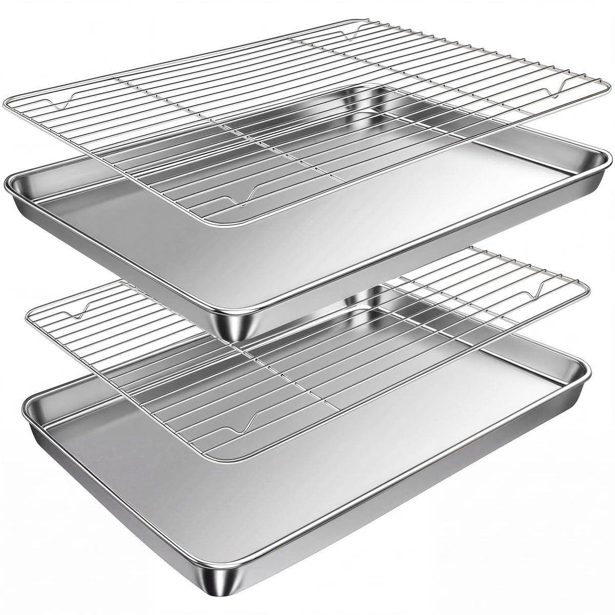 Baking Sheet with Rack Set (2 Pans + 2 Racks), 16 x 12 x 1 Inch Stainless Steel Cookie Sheet Baking Pan Tray with Cooling Rack, Jelly Roll Pan with Wire Rack, Warp Resistant & Heavy Duty & Rust Proof