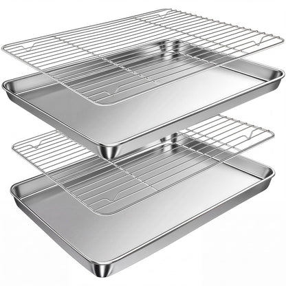 Baking Sheet with Rack Set (2 Pans + 2 Racks), 16 x 12 x 1 Inch Stainless Steel Cookie Sheet Baking Pan Tray with Cooling Rack, Jelly Roll Pan with Wire Rack, Warp Resistant & Heavy Duty & Rust Proof