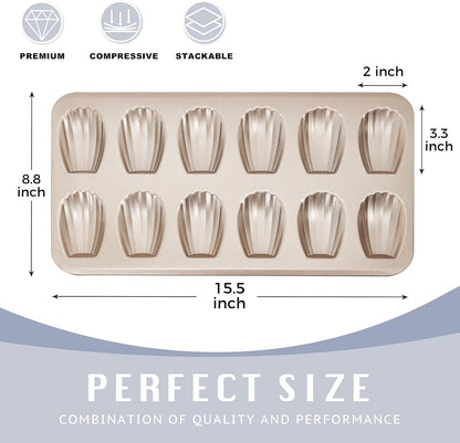 HONGBAKE Nonstick Madeleine Pan 2 Pack 12-Cavity Heavy Duty Madeleine Cookies Trays for Oven Baking, Warp Resistant Shell Shape Madeleine Mold Cake Pan, Champagne Gold