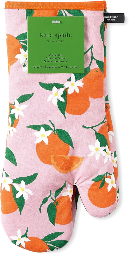 kate spade new york Squeeze The Day Oven Mitt 2-Pack Set, Heat Resistant, 100% Cotton, Orange/Pink, 7"x13"