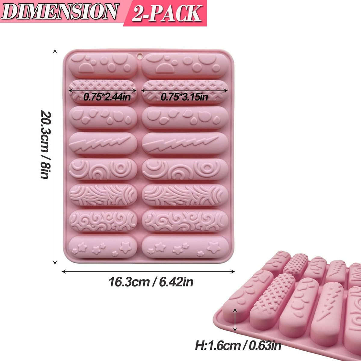 2 PCS Finger Biscuit Silicone Chocolate Molds 16 Cavities Cereal Bars Baking Mould, Non-stick Chocolate Bar Mold, for Cnady, Eclair, Bread, Muffin, Soap, Resin, crayon DIY Crafts