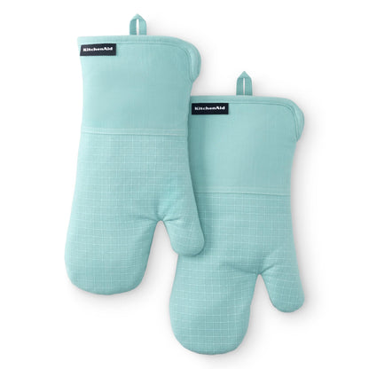 KITCHENAID Gourmet Series Gridlines Oven Mitts 2-Pack Set, Heat Resistant up to 600°F, Soft Silicone Grip, Magnetic Cuff, Ink Blue, 7"x14"