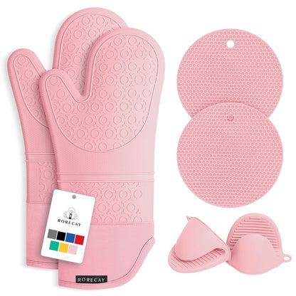 RORECAY Silicone Oven Mitts and Pot Holders Sets, Gloves for Kitchen, Beige