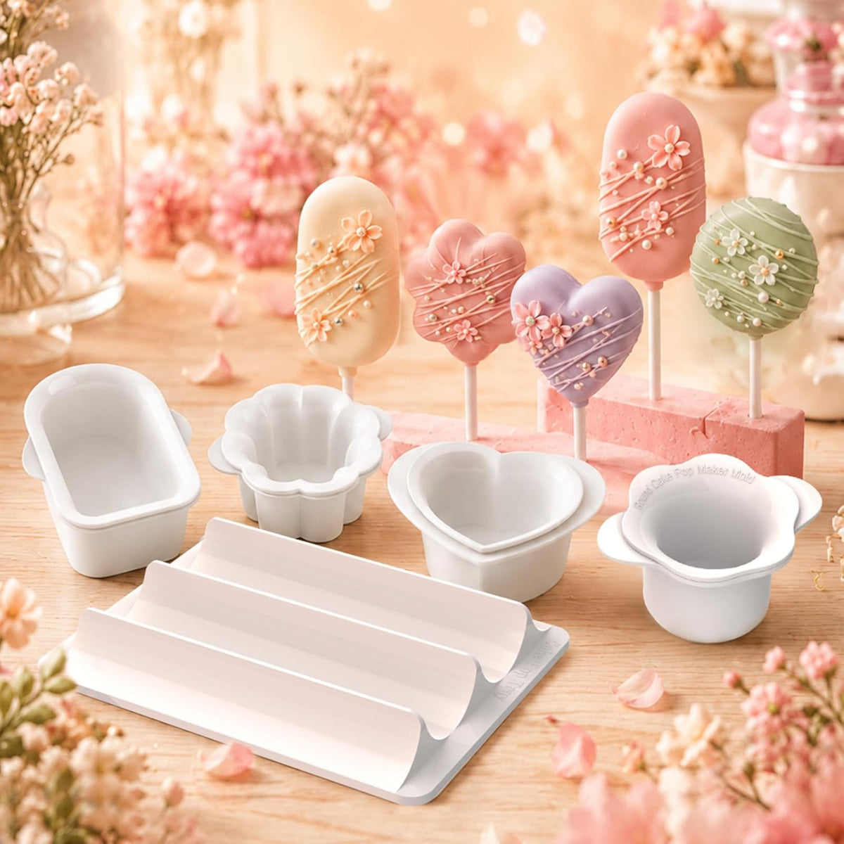 Cake Pop Molds Set, 4 Shapes with Tray, 100 Sticks Wrappers Ties (4-Shape Cutter & Tray)