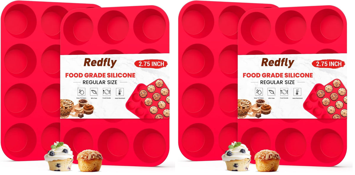 Redfly 2 Pack Silicone Muffin Pans for Baking & Cupcake Pan - 12 Cup Regular Size Silicone Molds, BPA Free Egg Bites Mold