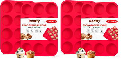 Redfly 2 Pack Silicone Muffin Pans for Baking & Cupcake Pan - 12 Cup Regular Size Silicone Molds, BPA Free Egg Bites Mold