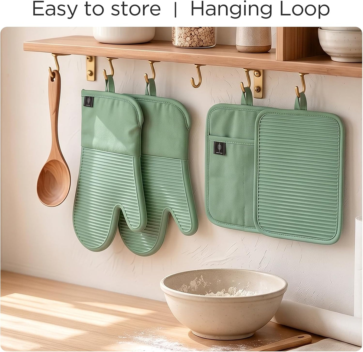 BONTHEE Oven Mitts and Pot Holders 4pcs Set, Silicone Kitchen Mitts - Green