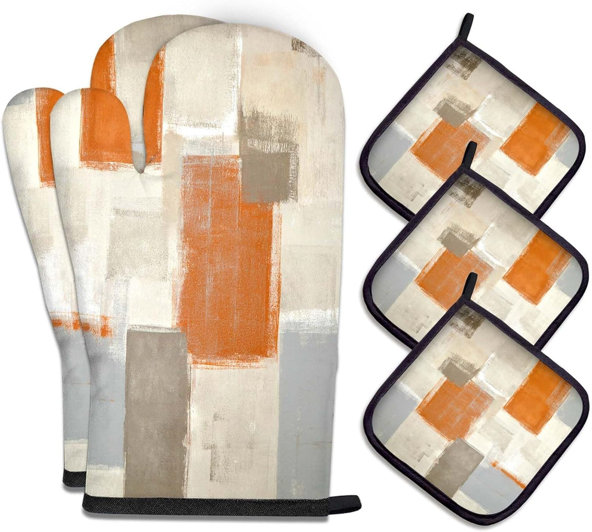 MCALK 5 Pcs Orange Oven Mitts and Pot Holders Sets, Beige Oven Gloves and Hot Pads for Kitchen Cooking, Abstract Modern Art Oven Mitt Potholder is Both Functional and Decorative