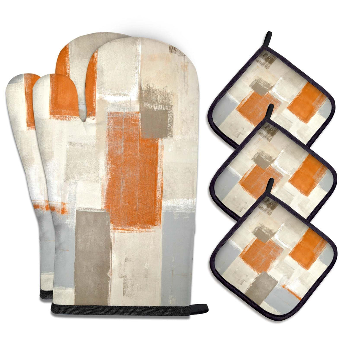 MCALK 5 Pcs Orange Oven Mitts and Pot Holders Sets, Beige Oven Gloves and Hot Pads for Kitchen Cooking, Abstract Modern Art Oven Mitt Potholder is Both Functional and Decorative