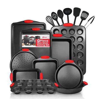 PERLLI Non-Stick 10-Piece Baking Pan Set, BPA-Free Carbon Steel Bakeware Set with Silicone Handles, Stackable Kitchen Oven Set, Cookie Sheet, Baking Tray, Baking Sheet Set, Oven Safe (446°F)