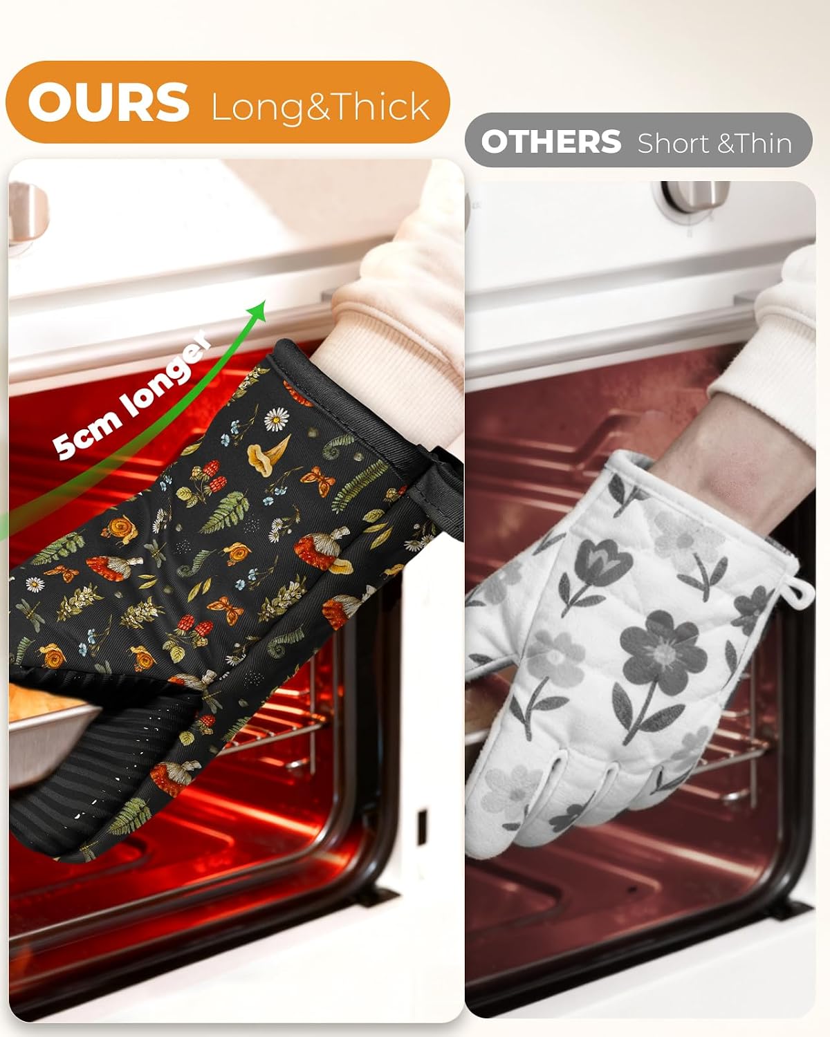 100% Thick Cotton Mini Oven Mitts Silicone Grip Black Mushroom