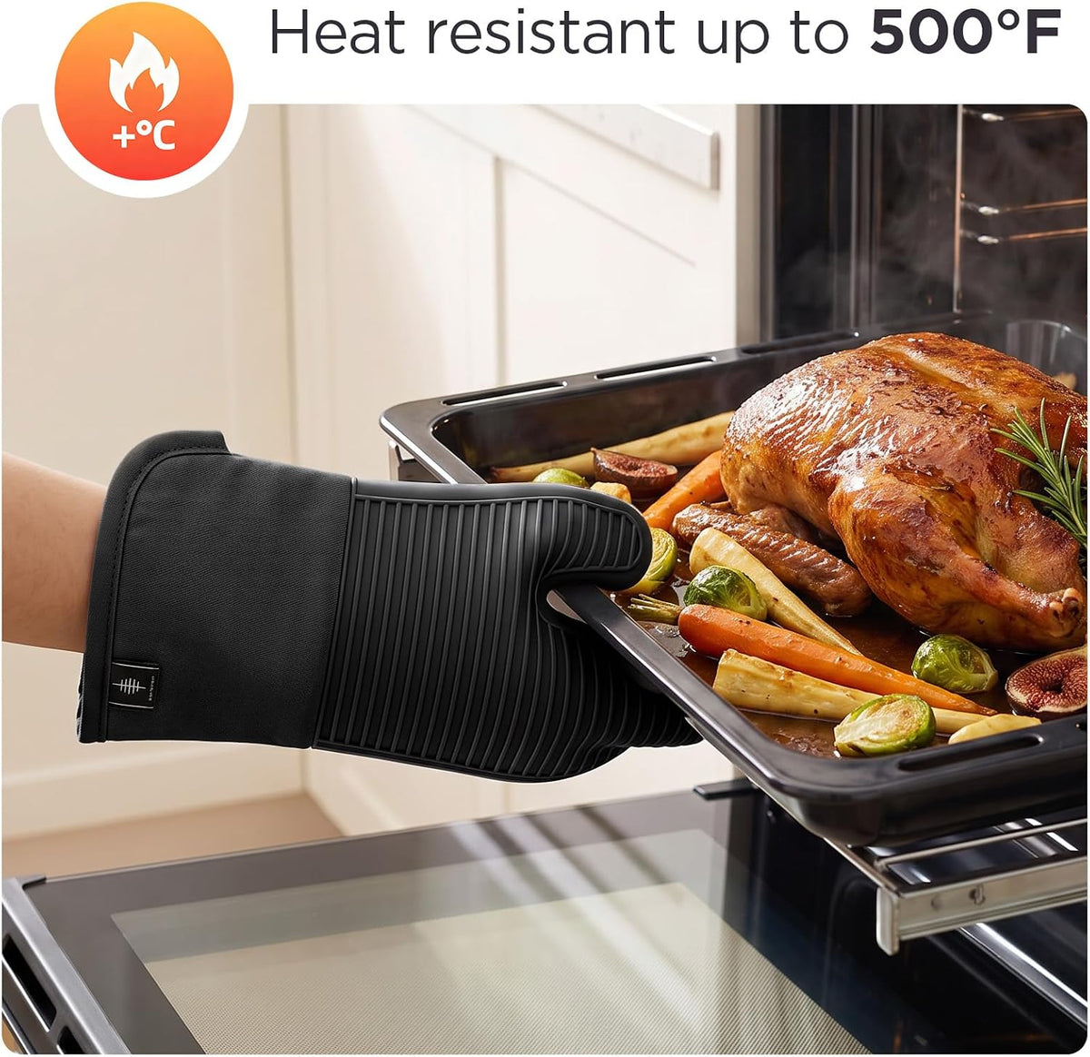 BONTHEE Silicone Oven Mitts Heat Resistant Kitchen Oven Gloves - Black