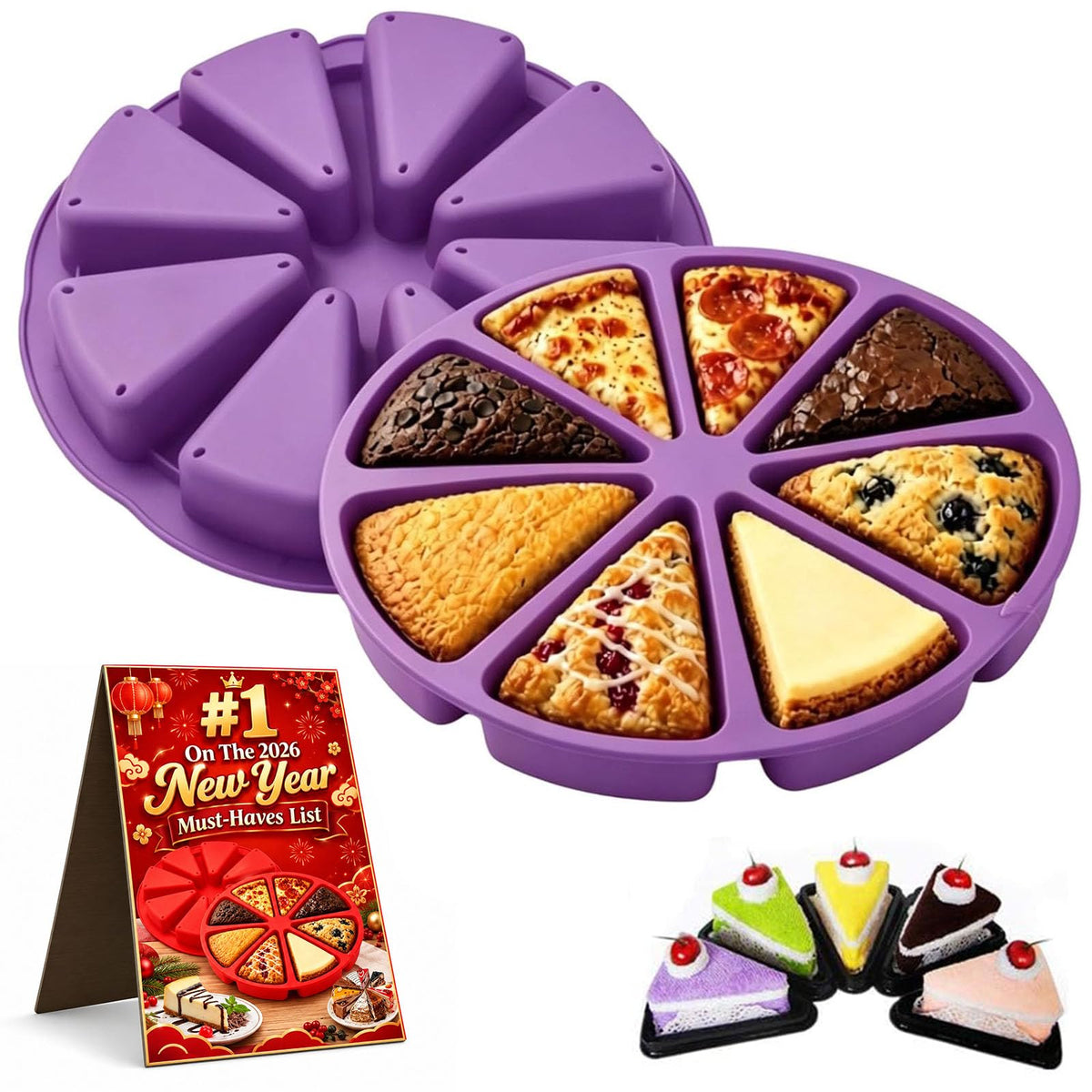 Silicone Pie Piece Mold, 8 Cavity Triangle Silicone Mold for Baking，Purple