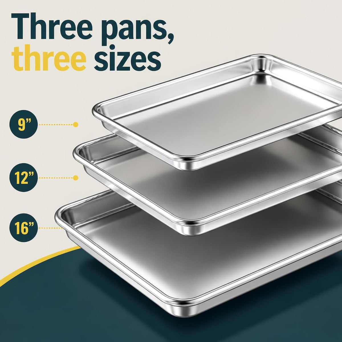 Stainless Steel Cookie Sheet Set of 3, 9/12/16" Baking Sheet Pans