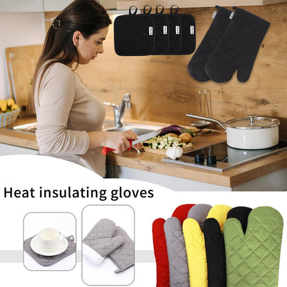 Oven Mitts and Pot Holders Sets,6 Pcs Oven Mitts and Potholders with Recycled Cotton High Heat Resistant Extra Thick Long Oven Mitts for Cooking(Black)