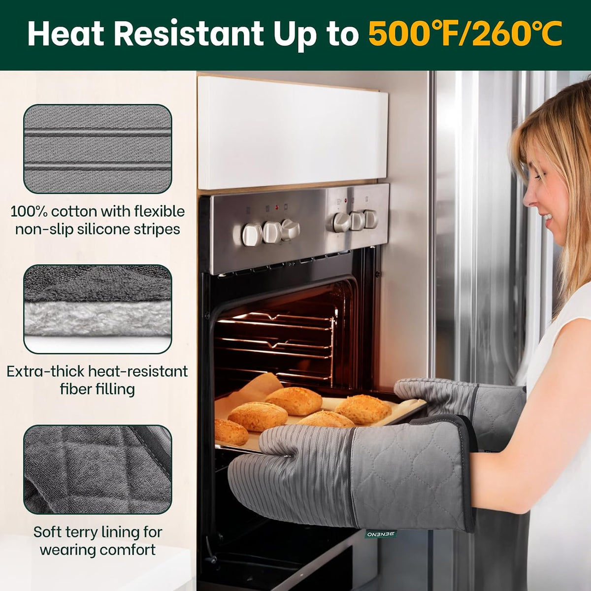 Beneno Heat Resistant 500°F Kitchen Oven Mitts 2-Pack, 7.5"x14.3", Gray