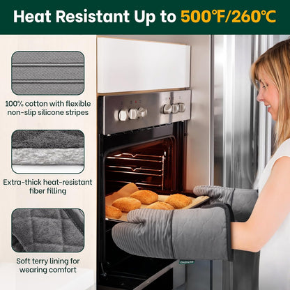 Beneno Heat Resistant 500°F Kitchen Oven Mitts 2-Pack, 7.5"x14.3", Gray