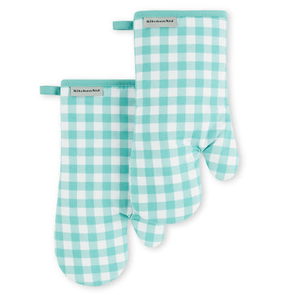KITCHENAID Gingham Oven Mitt 2-Pack Set, Matte Black, 7"x13"