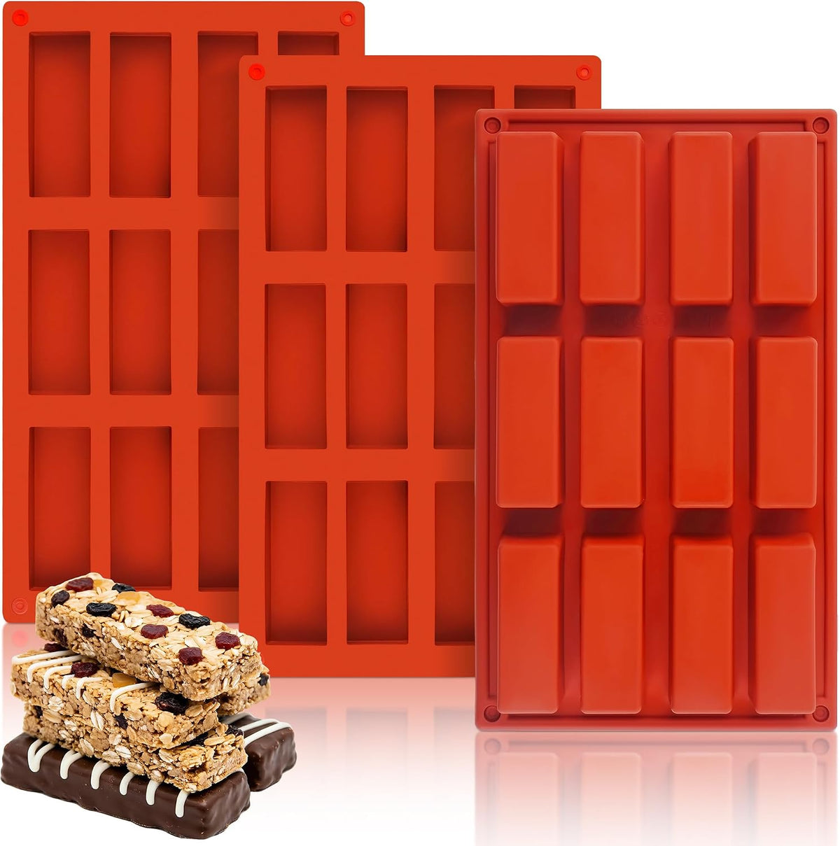 3Pcs Silicone Granola Bar Mold, 12-Cavity Rectangle Silicone Chocolate Bar Mold for Baking Chocolate Bars, Non-stick Candy Chocolate Bar Mold for Truffle, Ganache, Cheesecake, Butter