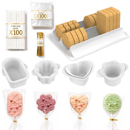 Cake Pop Molds Set, 4 Shapes with Tray, 100 Sticks Wrappers Ties (4-Shape Cutter & Tray)