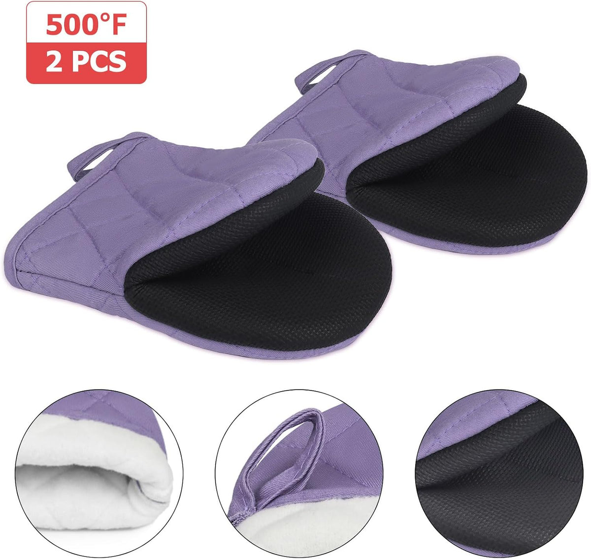 Goldmeet Mini Oven Mitts 2-Pack, 7"x5.5", 500°F Silicone Grip, Taro Purple