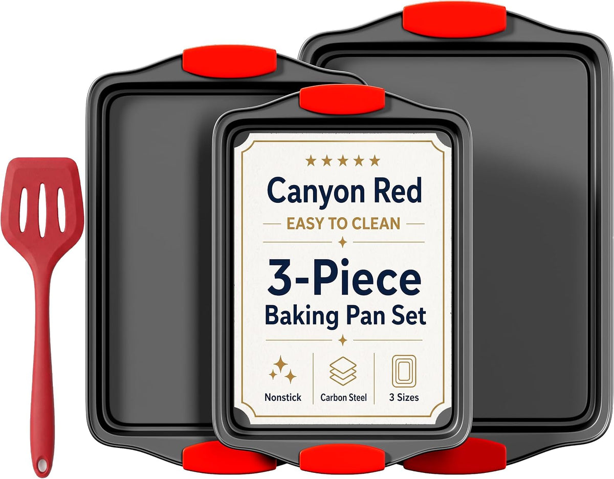 4-Piece Nonstick Carbon Steel Baking Sheet Set, Small Medium Large Rimmed Oven Pans with Red Heat-Resistant Silicone Handles & Bonus Spatula for Cookies, Cakes, Pizza & Home Baking