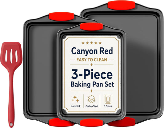 4-Piece Nonstick Carbon Steel Baking Sheet Set, Small Medium Large Rimmed Oven Pans with Red Heat-Resistant Silicone Handles & Bonus Spatula for Cookies, Cakes, Pizza & Home Baking