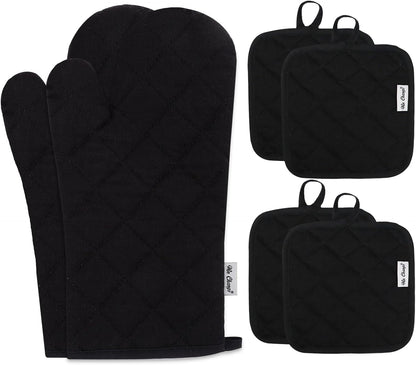 Oven Mitts and Pot Holders Sets,6 Pcs Oven Mitts and Potholders with Recycled Cotton High Heat Resistant Extra Thick Long Oven Mitts for Cooking(Black)