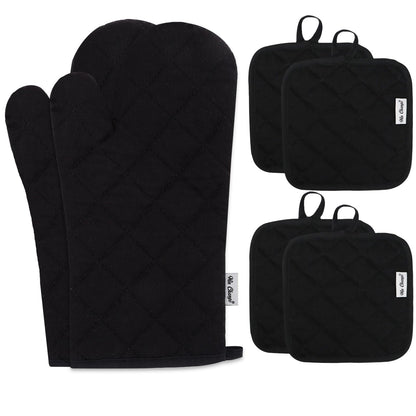Oven Mitts and Pot Holders Sets,6 Pcs Oven Mitts and Potholders with Recycled Cotton High Heat Resistant Extra Thick Long Oven Mitts for Cooking(Black)