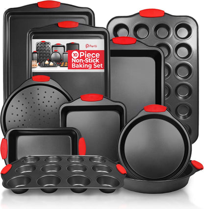 PERLLI Non-Stick 10-Piece Baking Pan Set, BPA-Free Carbon Steel Bakeware Set with Silicone Handles, Stackable Kitchen Oven Set, Cookie Sheet, Baking Tray, Baking Sheet Set, Oven Safe (446°F)