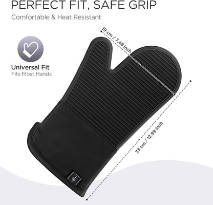 BONTHEE Silicone Oven Mitts Heat Resistant Kitchen Oven Gloves - Black