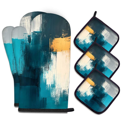 MCALK 5 Pcs Orange Oven Mitts and Pot Holders Sets, Beige Oven Gloves and Hot Pads for Kitchen Cooking, Abstract Modern Art Oven Mitt Potholder is Both Functional and Decorative
