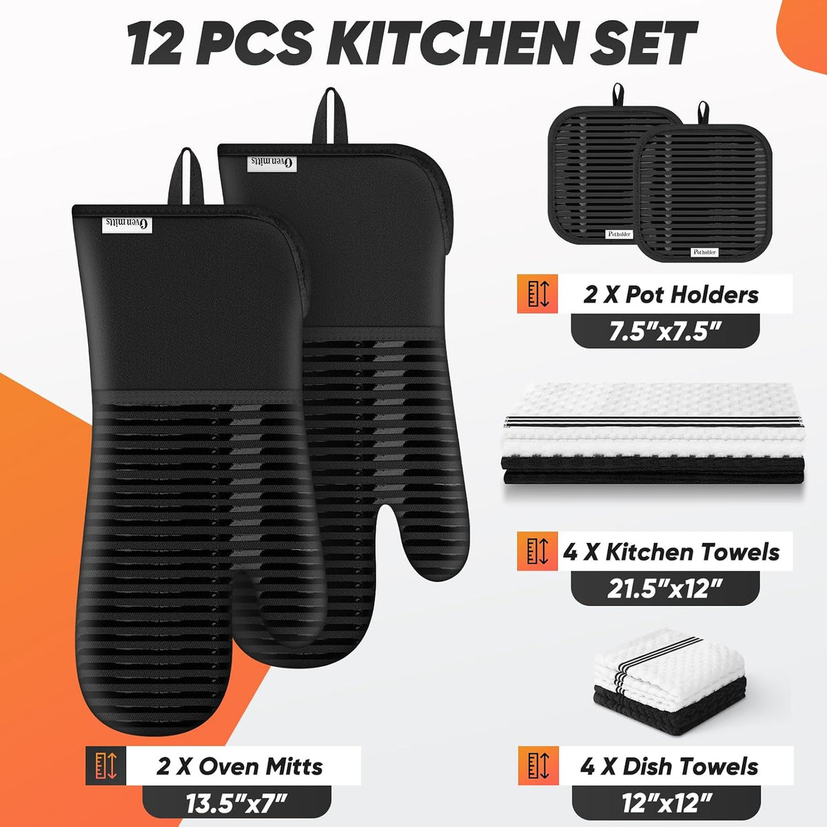 Oven Mitts Kitchen Towels and Dishcloths with Pot Holders Sets, Oven Gloves Hot Pads 500°F Heat Resistant with Silicone Grip, Include 2 Cooking Gloves/2 Potholders/4 Kitchen Towels/4 Dish Towels