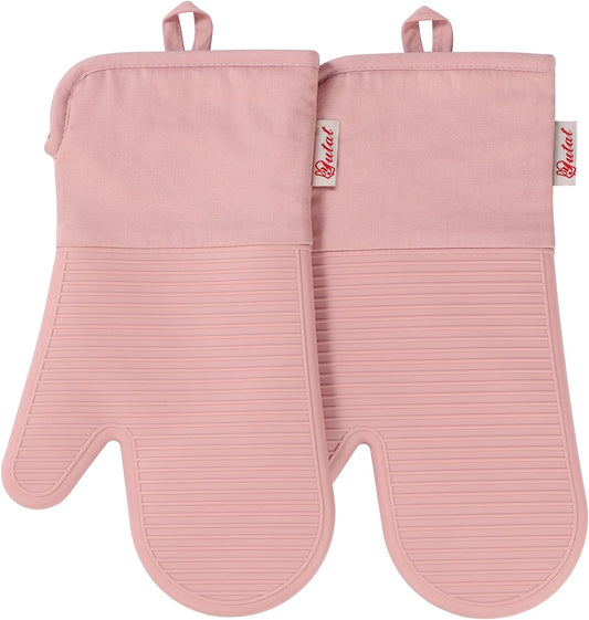 YUTAT Silicone Oven Mitts,High Heat Resistant Up to 500 Degrees,Waterproof Cooking Gloves with Soft Polyester Filling,Kitchen Potholder Set - Perfect for BBQ,Baking and Cooking,Pink,2 Pcs Set