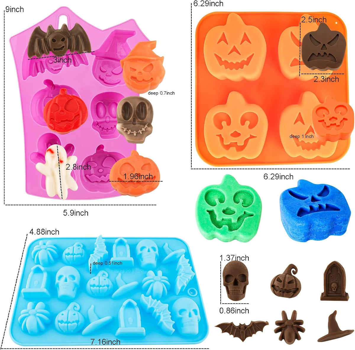 Halloween Silicone Chocolate Molds 5PCS Pumpkin Bat Skull Ghost Spider Shape Baking Molds Large Medium Small Cavity for Chocolate Jelly Soap Fondant Candy Candles Pastry Gummies Cake Decorating