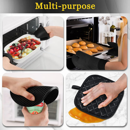 8PCS Oven Mitts and Pot Holders Sets - 480°F Heat Resistant Pot Holders and Oven Mitts, 14.5" Extra Long Silicone Oven Mitts for Cooking, Non-Slip Oven Mitt with Soft Cotton Lining, Black
