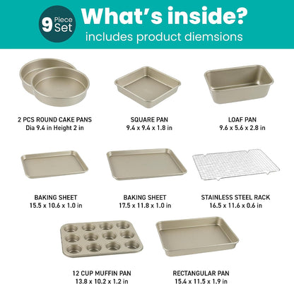 Baker's Secret 9 Piece Bakeware Set Nonstick, Baking Pans Set for Oven, Non Toxic Diamond Texture Carbon Steel, Includes Cookie Sheets, Cake Pan, Muffin Pan, Loaf Pan & Cooling Rack, Gold