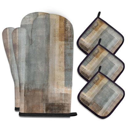 MCALK 5 Pcs Orange Oven Mitts and Pot Holders Sets, Beige Oven Gloves and Hot Pads for Kitchen Cooking, Abstract Modern Art Oven Mitt Potholder is Both Functional and Decorative
