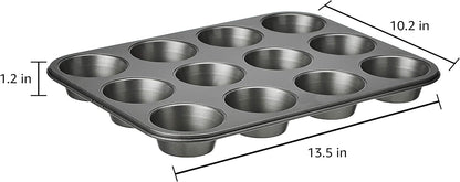 Amazon Basics Nonstick Muffin Pan, Set of 2, Sturdy, Oven Safe, Bakes Evenly, Easy to Clean, 12 Cups, Gray, 13.9x10.55x1.22"