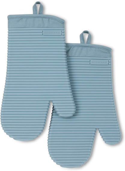 KITCHENAID Ribbed Soft Silicone Oven Mitt 2-Pack Set, 7.5"x13", Grey