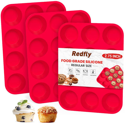 Redfly 2 Pack Silicone Muffin Pans for Baking & Cupcake Pan - 12 Cup Regular Size Silicone Molds, BPA Free Egg Bites Mold