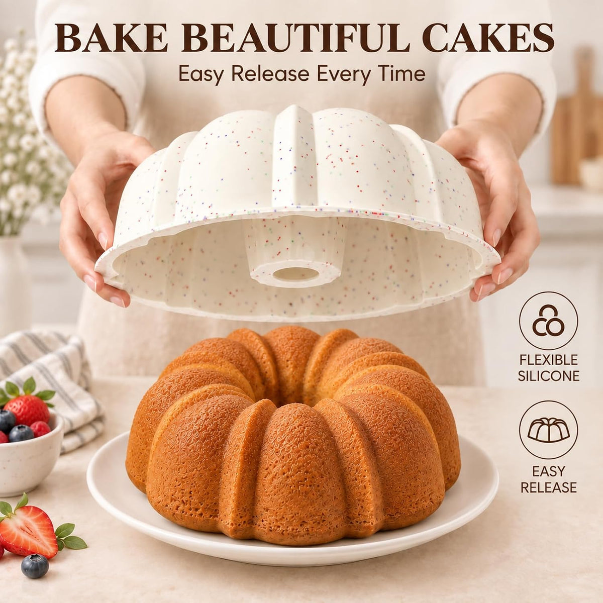 Vinino 10 Inch Silicone Cake Pans, Gelatin Dessert Molds, 2 Pack, Cream