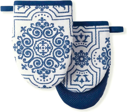 Martha Stewart Strie Medallion Mini Oven Mitt 2-Pack Set, Navy Blue, 5.5"X8"